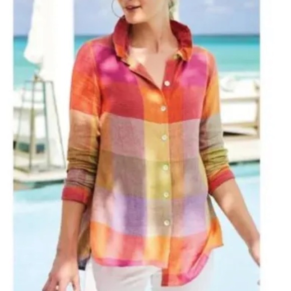 Soft Surroundings Galina Multi-Color Plaid Linen Button Down Tunic Top Size PS - Picture 1 of 6